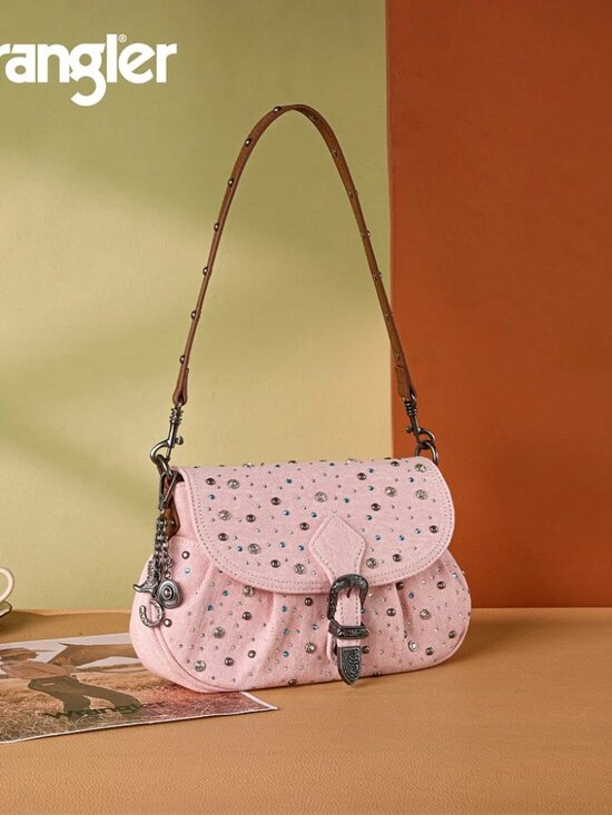Wrangler Handbags - Wrangler Western Rhinestone Denim Flap Crossbody Shoulder Bag Pink